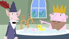 two cartoon characters are in the bathtub with rubber ducks and one is pointing at something