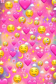 many different smiley faces and stars on a pink background