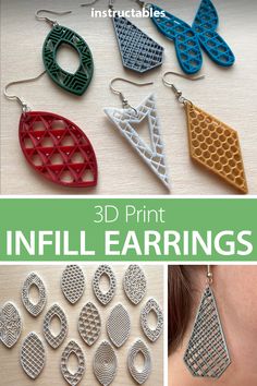 3d print earrings with different designs and patterns on them, including the words infill earrings