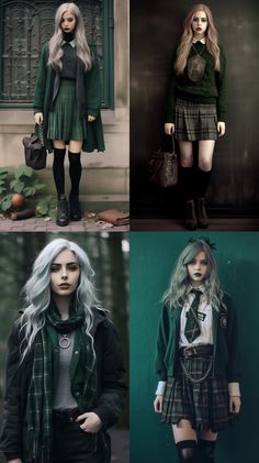 Saint Patricks Day Outfit For Women, Harry Potter Slytherin Outfits, Slytherin Outfit Casual, Slytherin Halloween, 2000s Fashion Fall, Hogwarts Cosplay, Slytherin Cosplay, Slytherin Costume, Slytherin Outfit