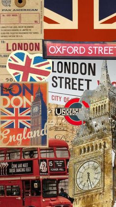 a collage of london street signs, buses and big ben