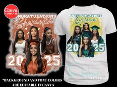 two t - shirts with different images of women in graduation caps and gowns on them