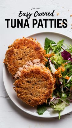 an easy canned tuna patties recipe on a white plate with a salad and lettuce