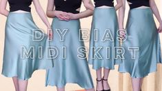 three women standing next to each other with their hands on their hipss and the words diy bias midi skirt