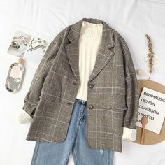 Korean Style Winter, Womens Plaid Blazer, Y2k Aesthetic Fashion, Blazer Outfit, Vintage Blazer, Blazer Outfits, Plaid Blazer, Office Fashion, Blazers For Women