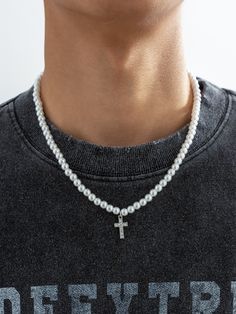 White  Collar  Plastic   Embellished   Men's Fashion Jewelry Mens Beaded Necklaces, White Beaded Necklaces, Mens Fashion Jewelry, Pearl Chain Necklace, Stainless Steel Chain Necklace, Braided Necklace, Hip Hop Style, Rhinestone Cross, Mens Chain Necklace