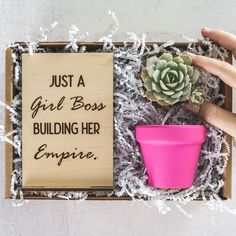 a box that has a plant in it and a sign on the inside saying just a girl boss building her empire