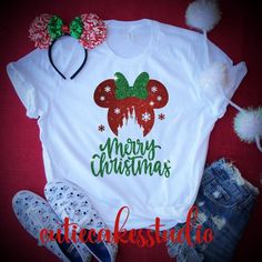 Disney Christmas Shirt This shirt is perfect to wear for Christmas! Wether your going to Mickeys very Merry Christmas Party or just a visit to Disney World! You will love this design! ***Available in raglan or t-shirt*** MINNIE STYLE-will HAVE glitter MICKEY STYLE-will NOT have glitter. Disney World Shirt, Disney Shirts For Men, Disney World Shirts, Mickey Christmas