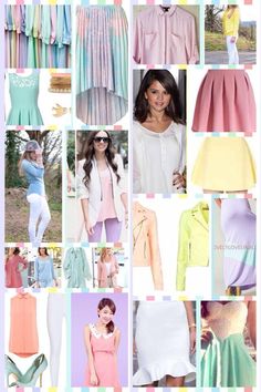 a collage of different colors and styles of dresses, jackets, skirts, sweaters