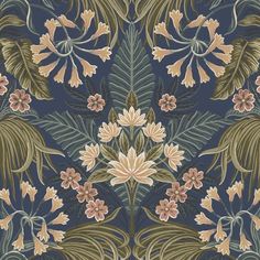 a blue wallpaper with flowers and leaves on it