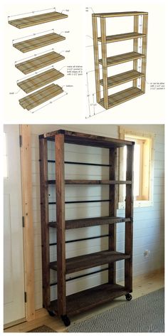 the plans for a bookcase are shown in three different stages, including one being built and