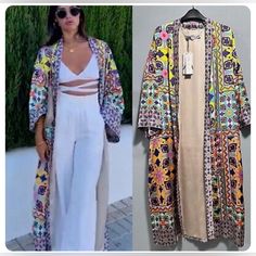 Zara Woman Multicolor Printed Satin Long Kimono Xs New Zara Printed Kimono, Zara Kimono, Lace Blouse Long Sleeve, Moroccan Fashion, Patch Work Blouse, Printed Silk Shirt, Floral Bodysuit, Satin Long Sleeve, Duster Jacket