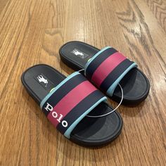 Polo Ralph Lauren Girls/Kids Slide Sandals Navy Pink Teal Size 13 Kids Brand New, No Box. Non-slip Open Toe School Sandals, Non-slip Open Toe Sandals For School, Purple Non-slip Sandals For Vacation, Non-slip Purple Sandals For Vacation, Cute Blue Flip Flops For Vacation, Cute Non-slip Blue Flip Flops, Cute Blue Non-slip Flip Flops, Cute Purple Open Toe Sandals, Purple Non-slip Open Toe Sandals