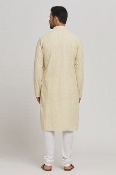 Beige cotton kurta with thread embroidery. Comes with churidar. - Aza Fashions Cotton Kurta With Chikankari Embroidery In Traditional Drape, Cotton Kurta With Self Design For Wedding, Cotton Self Design Kurta For Wedding, Diwali Cotton Silk Kurta With Chikankari Embroidery, Cotton Wedding Kurta With Self Design, Festive Cotton Churidar With Chikankari Embroidery, Wedding Cotton Kurta With Self Design, Festive Cotton Sherwani With Cutdana, Eid Cotton Sherwani With Self Design