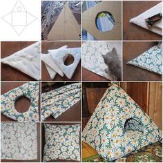 several pictures showing how to make an origami bird house with fabric and scissors