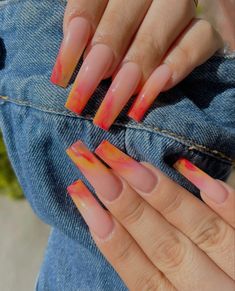 Medium Square Acrylic Nails Summer, Medium Square Acrylic Nails Orange, Long Square Acrylic Nails Orange, New Nail Colors, Glow Nails, Summery Nails