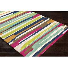 a multicolored area rug on a wooden floor