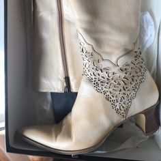 Gorgeous, Calf Length Real Leather Boots With Beautiful, Intricate Flower Engraving. 2.5" Heel Flower Engraving, Leather Engraved, Real Leather Boots, Leather Engraving, Accessory Inspo, Shoes White, Shoes Heels Boots, White Cream, Cream White