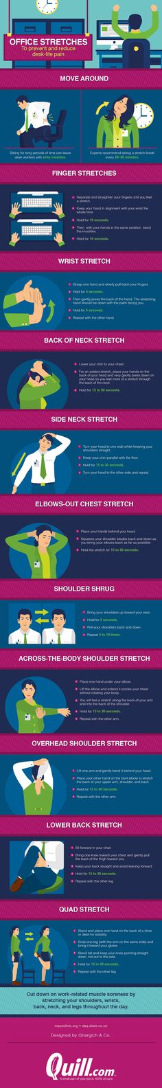 Office stretches to prevent and reduce desk-life pain Office Stretches, Desk Stretches, Office Exercises, Desk Stretching, Office Health, Random Tips, Healthy Living Motivation, Nutrition Sportive, Office Exercise