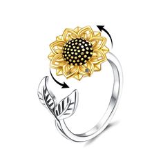 Elevate your style with our exquisite sterling silver spinner ring, designed exclusively for women and adorned with a captivating sunflower motif. This versatile piece, available in both white and yellow gold finishes, effortlessly combines elegance with a playful touch. Crafted from premium sterling silver, our womens spinner ring features a beautifully detailed sunflower design symbolizing joy and positivity. The absence of stones ensures easy maintenance and a sleek, modern appearance, while Mum Daughter, Stone Accessories, Sunflower Ring, Sunflower Jewelry, Photo Locket Necklace, Sunflower Necklace, Sterling Silver Anklet, Clover Earrings, Silver Spinner Rings