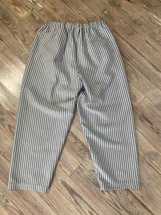 "One of a kind  pull on trousers  Size medium Waist 26\" unstretched Hips 42\" Rise 14\" Inseam 24\" Follow us on IG @inezandberyl" Striped Straight Leg Bottoms With Elastic Waistband, Striped Straight Leg Pants With Elastic Waistband, Casual Ankle-length Bottoms With Vertical Stripes, Casual Ankle-length Pants With Vertical Stripes, Striped Trousers With Elastic Waistband, Striped Straight Pants With Elastic Waistband, Straight Striped Pants With Elastic Waistband, Casual Ankle-length Striped Pants, Casual Straight Leg Pants With Vertical Stripes