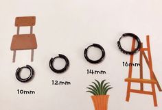 three chairs, one with black rings and the other with brown ring size guide for each chair