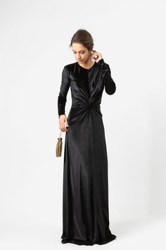 This floor-length black velvet dress is cozy and glam! With long sleeves, elastic and a flattering knot detail at the waist. Machine wash cold and hang dry. Plus Size Gowns Formal, Leopard Pencil Skirt, Leopard Kimono, Plus Size Gowns, Knot Dress, Black Velvet Dress, Print Kimonos, Velvet Dress, Black Velvet