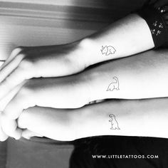 Set of nine matching dinosaurs tattoos triceratops, T-Rex and diplodocus temporary tattoos. The set includes three of each of the designs: Triceratops size: 0.8 in / 2 cm (width) T-Rex size: 0.8 in / 2 cm (height) Diplodocus size: 0.8 in / 2 cm (width) For many, dinosaurs remind them of their childhood. From cartoons to children’s books, dinosaurs were virtually everywhere. But, the reason most kids love dinosaurs (apart from their general awesomeness) is their innate strength and power. And, wh Group Tattoos, Matching Bff Tattoos, Peach Tattoo, Tattoos Set, Maching Tattoos, Cute Matching Tattoos, Matching Friend Tattoos, Small Matching Tattoos, Matching Best Friend Tattoos