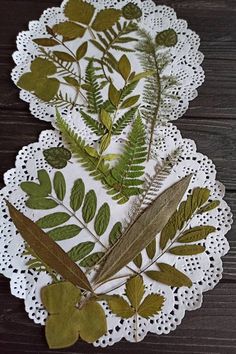 two doily with leaves on them sitting on a table