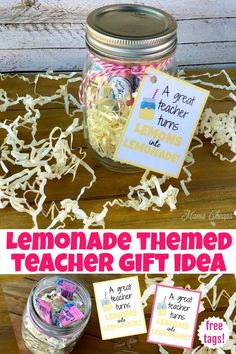 lemonade themed teacher gift idea in a mason jar with shredded paper on the table