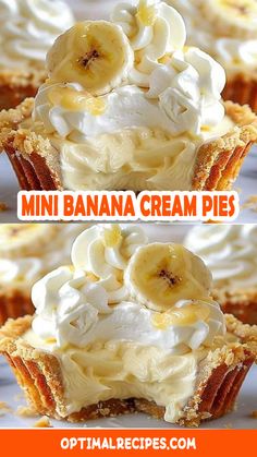 mini banana cream pies with whipped cream on top and bananas in the middle for topping