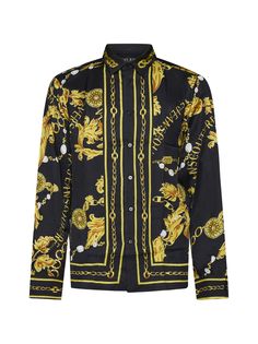 100% Cotton Gold Baroque Print Formal Tops, Gold Baroque Print Top For Formal Occasions, Formal Gold Tops With Baroque Print, Formal Gold Top With Baroque Print, Luxury Silk Top With Graphic Print, Elegant Printed Shirt With Spread Collar, Formal Long Sleeve Shirt With Baroque Print, Luxury Printed Silk Tops, Luxury Spring Graphic Print Shirt