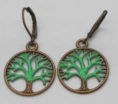 Natural Brass Tree of Life dangle Earrings with leverbacks - Tree has green enamel - 3/4" round - 20mm round - Makes a great gift Green Tree Of Life Jewelry Gift, Elegant Yellow Gold Tree Of Life Jewelry, Adjustable Jewelry With Tree Of Life Round Pendant, Gold Tree Of Life Nature-inspired Jewelry, Tree Of Life Earrings, Earrings Inspiration, Green Enamel, Tree Of Life, Labour Day