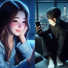 two pictures of people sitting in front of a window and looking at their cell phones