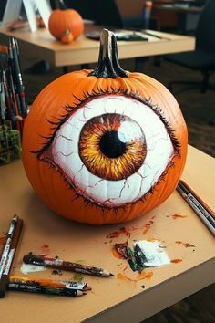 a pumpkin with an eye painted on it, surrounded by crayons and markers