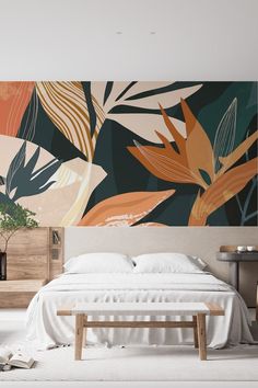 Image showcasing the Tropical Foliage II Wallpaper which features green leaves against a neutral background creating a serene tropic environment inside your home. Tropical Palm Mural, Agave Mural, Bold Tropical Wallpaper Accent Wall, Tropical Leaves Mural, Jungle Leaves Wall Mural, Mural Jungle, Muted Tropical Wallpaper, Ii Wallpaper, Jungle Mural