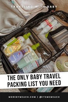 A picture of baby travel essentials packed in a suitcase. Packing For An Infant, 6 Month Travel Packing List, Packing List For Travel With Baby, Newborn Vacation Packing List, Traveling With Newborn Packing Lists, Infant Vacation Packing List, 8 Month Old Packing List, Family Trip Packing List, Packing Formula For Travel