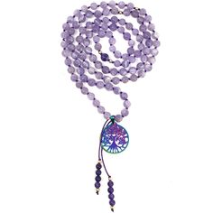 Enjoy this hand-knotted mala necklace made with lavender amethyst gemstones and a stainless steel tree of life charm. The mala can be worn as a necklace or used for meditation.Amethyst has healing powers to help with physical ailments, emotional issues, and in Energy Healing and balancing the crown chakra.The Mala necklace is made of high quality gemstones;- 108 beads (8mm) - amethyst gemstones- 37.7x29.4mm stainless steel rainbow tree of life pendant- gold plated spacers- Necklace hangs approx. Lavender Natural Stones Jewelry For Meditation, Lavender Spiritual Jewelry With 8mm Beads, Lavender Spiritual Jewelry With Beads, Spiritual Lavender Jewelry With 8mm Beads, Amethyst 8mm Beads Jewelry For Meditation, Amethyst Necklace With 108 Beads For Gifts, Purple Crystal Necklace For Meditation, Amethyst Necklace With 108 Beads As A Gift, Spiritual Lavender Crystal Necklace With Gemstone Beads