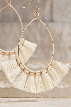 Light weight hoop with fun tassels! About 2" drop. Very light weight! Red Blush, Monochrome Palette, Ivory Earrings, Thread Earrings, Macrame Earrings, Fish Hook Earrings, Christmas Mom, Blue Ivory, Fringe Earrings