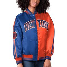 Make sure no one forgets how passionate you are about the New York Knicks by sporting this Starter Split Colorblock jacket. It features a classic Varsity design with its satin finish and bold New York Knicks graphics. The full-snap front allows you to wear it open or closed for a versatile display of team spirit.Make sure no one forgets how passionate you are about the New York Knicks by sporting this Starter Split Colorblock jacket. It features a classic Varsity design with its satin finish and Letterman Jacket Outfit, Varsity Design, Colorblock Jacket, Color Block Jacket, Toronto Raptors, Philadelphia 76ers, Royal Red, New York Knicks