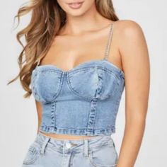 Guess Tops | Denim Bustier Medium Wash Color: Blue Size: M Made From Recycled Plastic Bottles Bn3-92 Denim Crop Top For Party, Party Denim Crop Top, Trendy Blue Denim Top For Party, Chic Denim Crop Top For Night Out, Trendy Denim Blue Top For Party, Trendy Denim Blue Top For Night Out, Blue Denim Crop Top For Night Out, Trendy Denim Crop Top For Night Out, Casual Denim Blue Top For Party