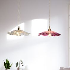 two lights hanging from the ceiling in a room with white walls and plants on the floor