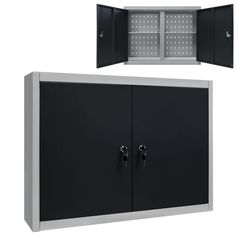 two black and silver metal cabinets with doors on one side and the other half open