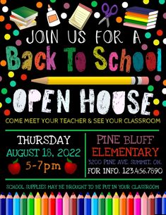 the back to school open house flyer is shown with colorful crayons and pencils