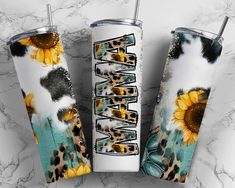 three sunflowers and leopard print tumblers on marble countertop with the words savannah printed on them