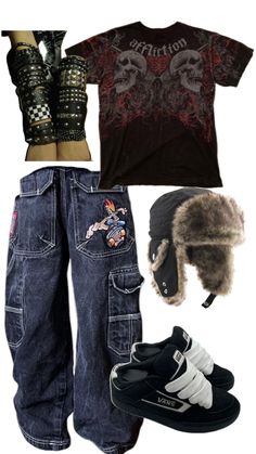 90s, y2k, 2000s, grunde, rock, affliction, outfit, vans, baggy Baggy Outfit Ideas, Silly Clothes, Fits Clothes, Dream Style, Swaggy Outfits, Alternative Outfits, Really Cute Outfits, Edgy Outfits