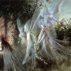 two women dressed in fairy costumes are walking through the woods