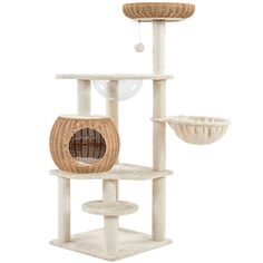 a cat tree with three shelves and two bowls