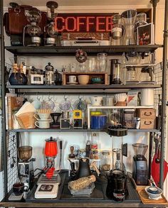 a shelf filled with lots of different types of coffee