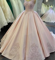 a pink ball gown with white lace on the top and bottom, in front of other dresses